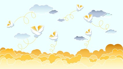 Fototapeta na wymiar Back to school. Flaying Bird books on sky with clouds. Vector background vector