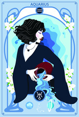 The woman who represents the Horoscope Sign Illustration in Art Nouveau style with sign of zodiac. Vector Illustration of Aquarius sign.