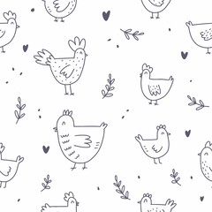 A hand-drawn set of cute chickens. Vector, children's illustration of farm birds drawn in the style of doodles.