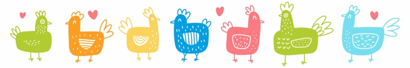 A hand-drawn set of cute chickens. Vector, children's illustration of farm birds drawn in the style of doodles.
