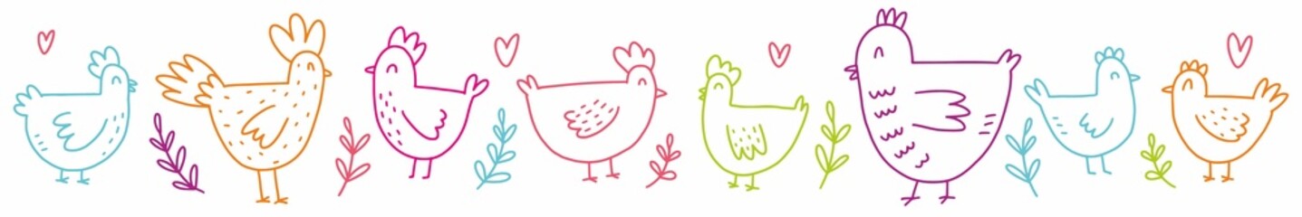 A hand-drawn set of cute chickens. Vector, children's illustration of farm birds drawn in the style of doodles.