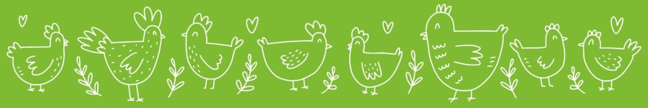 A hand-drawn set of cute chickens. Vector, children's illustration of farm birds drawn in the style of doodles.