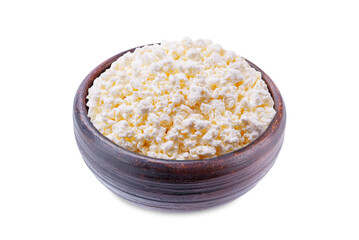 Cottage cheese in a brown bowl on a white isolated background