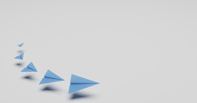 blue paper planes of different sizes flying in a row for graphic material use