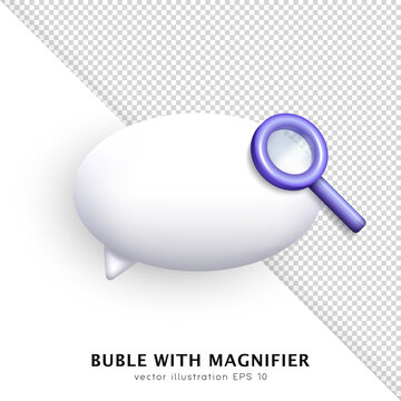 White Three Dimensional Chat Bubble With Purple Magnifying Glass. Cartoon Speech Cloud And Magnifier, Loupe, Zoom Tool, Reading Glass With Transparent Lens Isolated Or White And Transparent Background