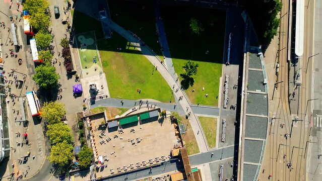 Picadilly Gardens in Manchester from above - top down view - drone photography