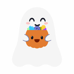 Cartoon Halloween ghost holding pumpkin basket full on candies 