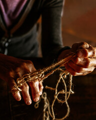 Hands of old woman with polyarthritis disease. Canvas strings on fingers of elderly lady, puppets....