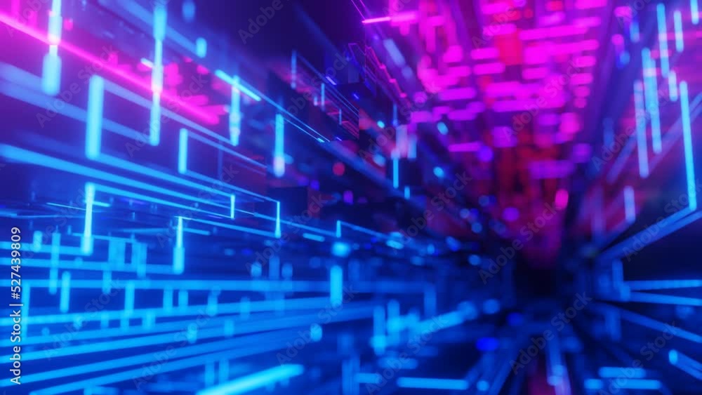 Poster pattern like sci-fi hologram. fly through technology cyberspace with neon glow. sci-fi flight throug