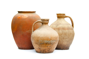 Clay jugs and a pot, a set of ancient utensils for drinking wine, water or milk.