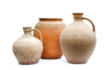 Ancient decorative ceramic vase and amphora jug, rural rustic clay earthenware - obrazy, fototapety, plakaty