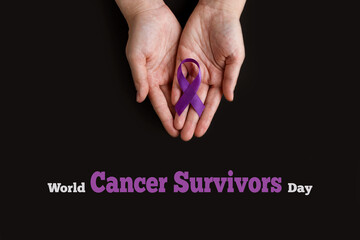 National Cancer Survivors Day. Adult hands holding purple ribbon on black background
