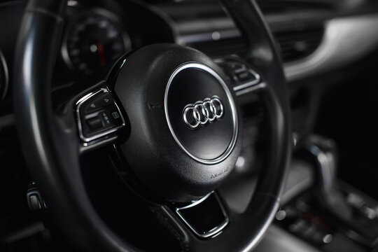 Audi Logo on Car Steering Wheel.
