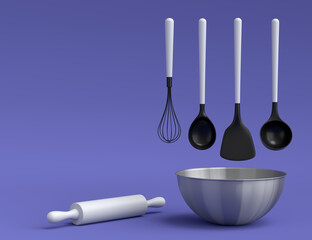 Metal bowl with kitchen utensil for preparation of dough on violet background.