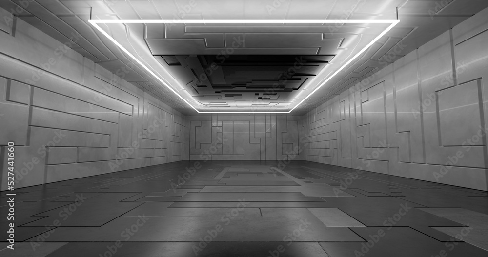 Aufkleber 3d rendering. futuristic sci-fi laboratory or spaceship corridor with neon light.