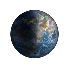 Earth globe rotated to show Africa, the Middle East and Europe in half daylight.