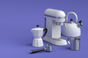Espresso coffee machine with horn, kettle and geyser coffee maker on violet .