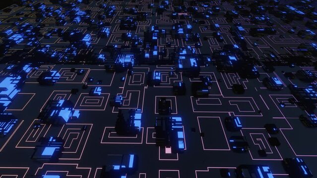 4k looped animation. Flight over hi tech pattern on plane surface, neon glow, complex elements and structure. 3d objects form sci fi surface 3d pattern. Information technology, futuristic hardware