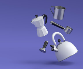Espresso coffee machine with horn, kettle and geyser coffee maker on violet .