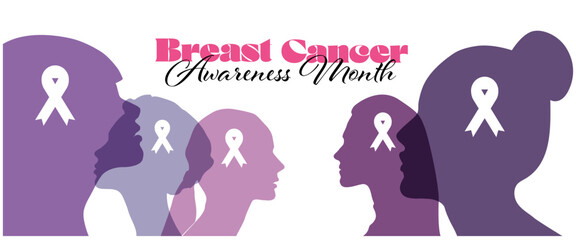  Breast cancer awareness prevention month poster. Women silhouette head isolated with pink ribbons