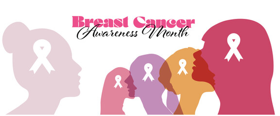  Breast cancer awareness prevention month poster. Women silhouette head isolated with pink ribbons