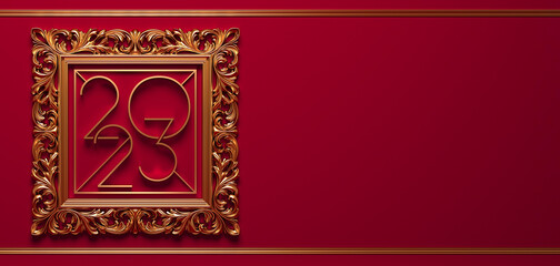 2023 New Year design template with a vintage gold frame on a red background. 3D render illustration for a calendar, greeting card or banner.