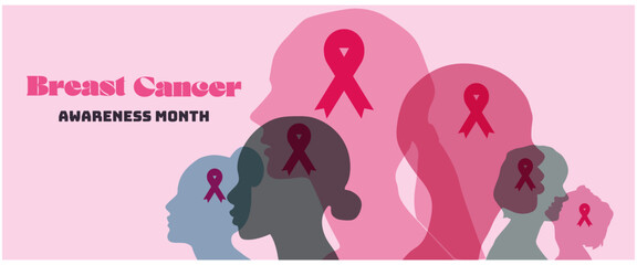  Breast cancer awareness prevention month poster. Women silhouette head isolated with pink ribbons
