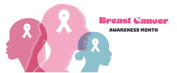  Breast cancer awareness prevention month poster. Women silhouette head isolated with pink ribbons