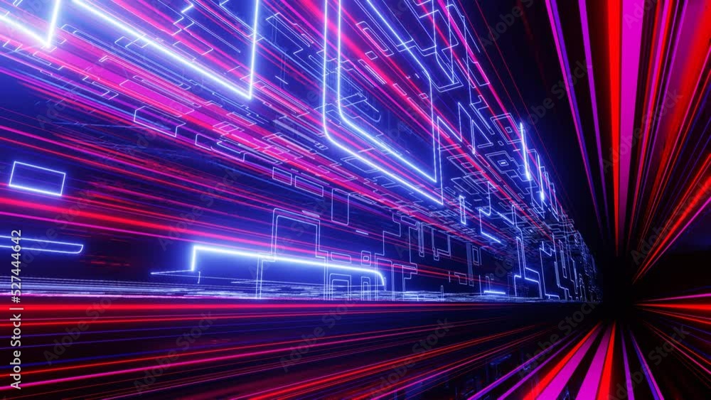 Aufkleber fly through technology cyberspace with neon glow. sci-fi flight through hi-tech technology tunnel. g