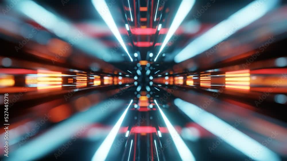 Poster fly through mirror designs form tunnel technology cyberspace with neon glow. sci-fi flight through d