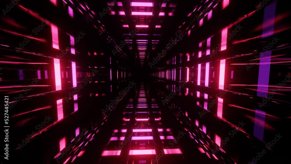 Poster fly through mirror designs form tunnel technology cyberspace with neon glow. sci-fi flight through d