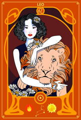 The woman who represents the Horoscope Sign Illustration in Art Nouveau style with sign of zodiac. Vector Illustration of Leo Zodiac Sign.