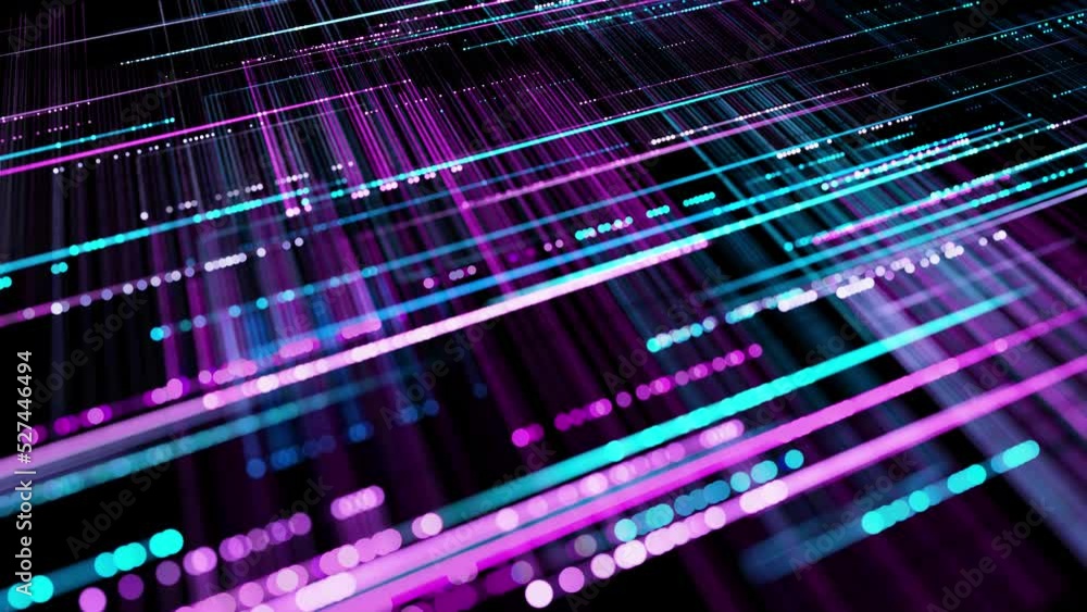 Poster info concept. vj loop hologram abstract background with light grid, neon lines and dots, sci fi blue