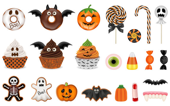 Set of isolated halloween sweets. collection of halloween cakes and candies