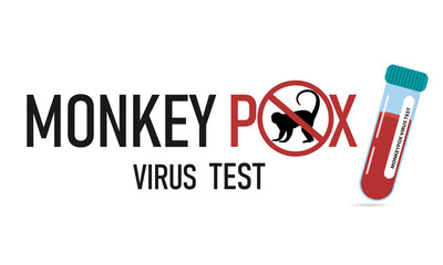 Monkeypox virus cells outbreak medical banner.Blood sample tube for Monkeypox virus test.Vector illustration