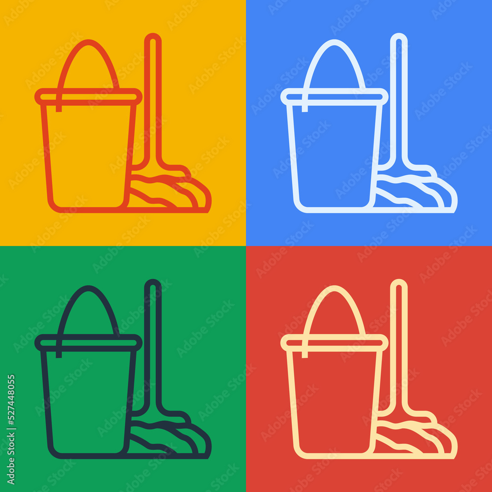 Poster pop art line mop and bucket icon isolated on color background. cleaning service concept. vector