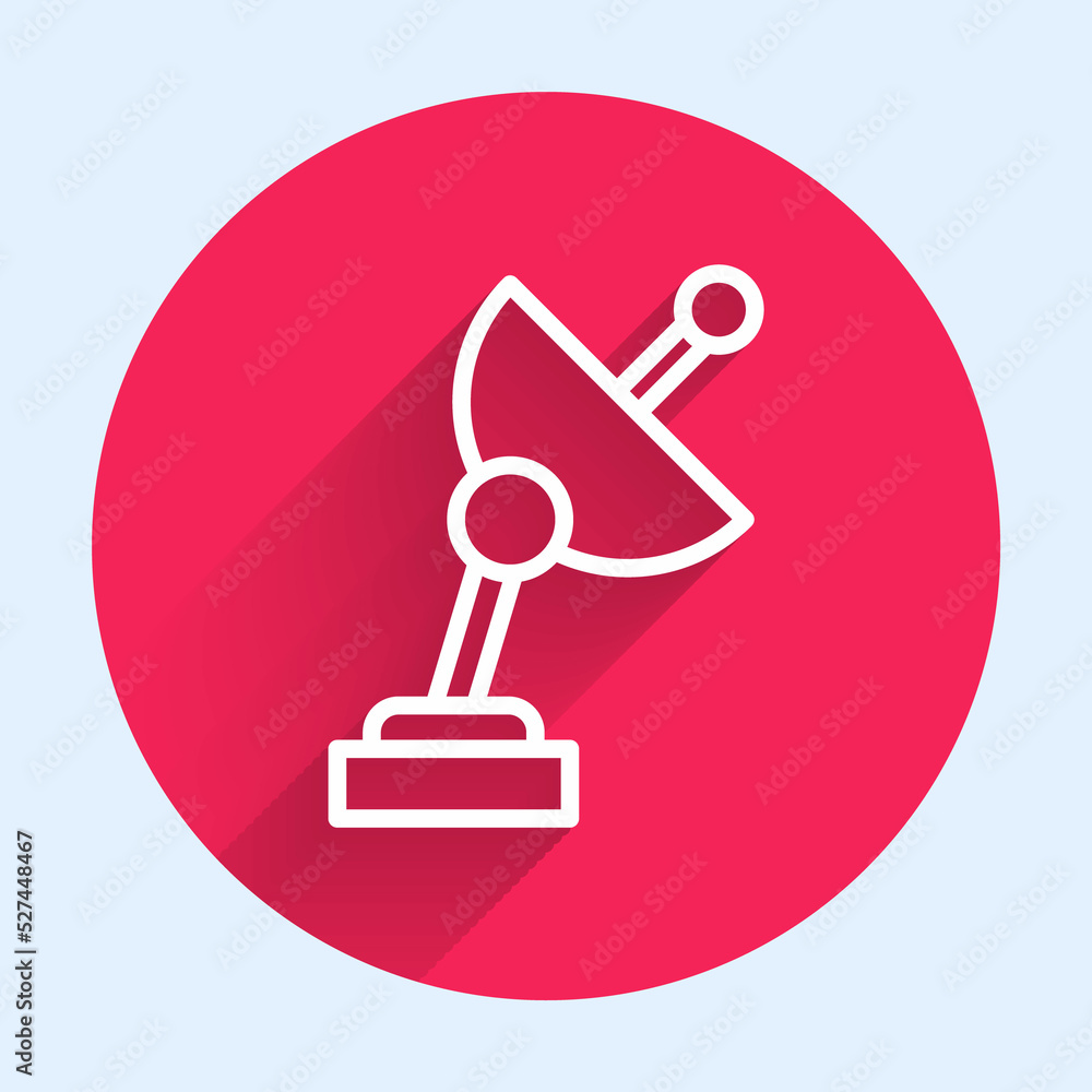 Poster white line radar icon isolated with long shadow. search system. satellite sign. red circle button. v