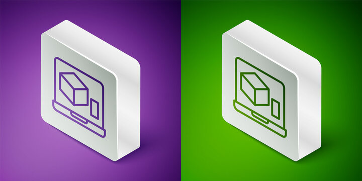 Isometric Line 3D Printer Icon Isolated On Purple And Green Background. 3d Printing. Silver Square Button. Vector