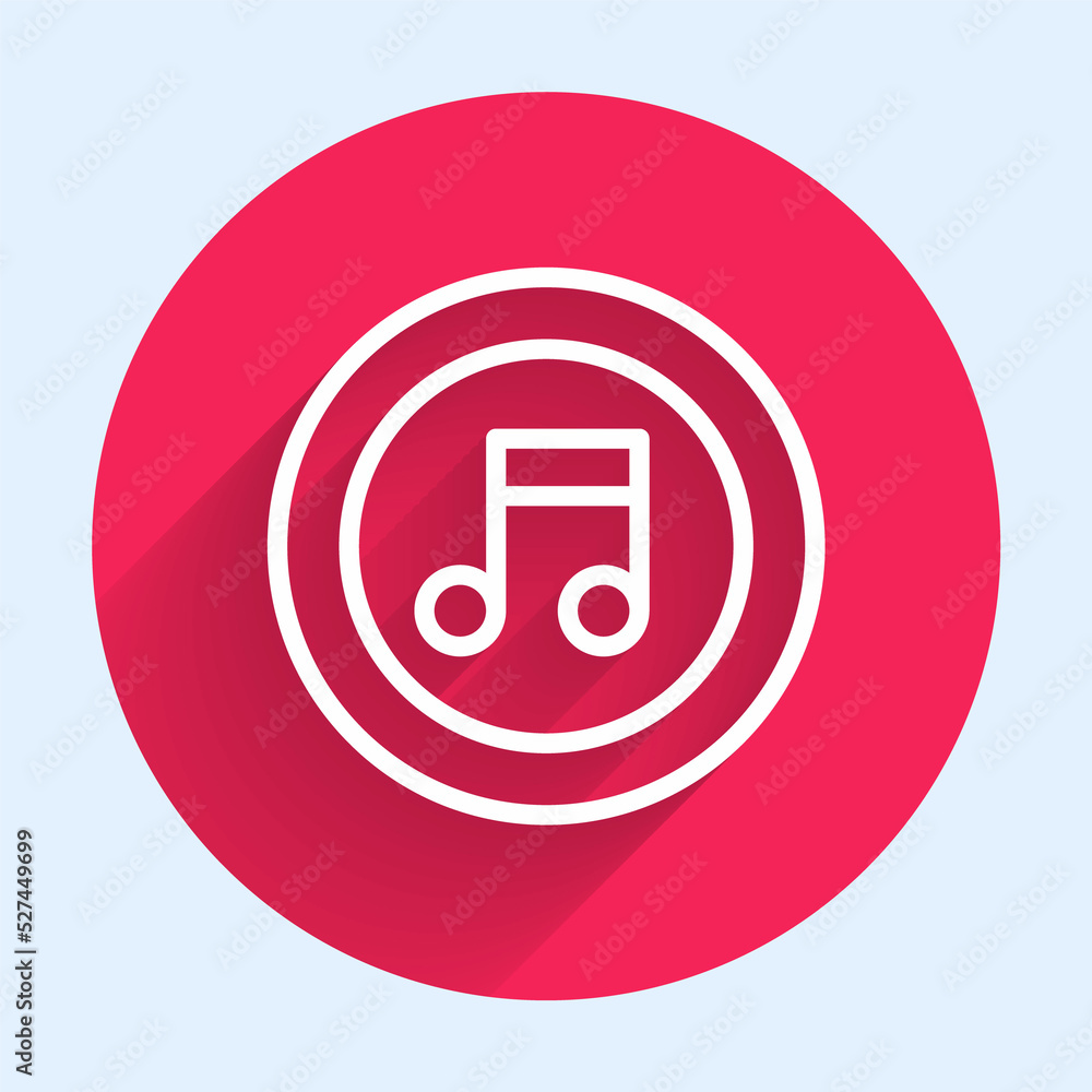 Poster white line music note, tone icon isolated with long shadow. red circle button. vector