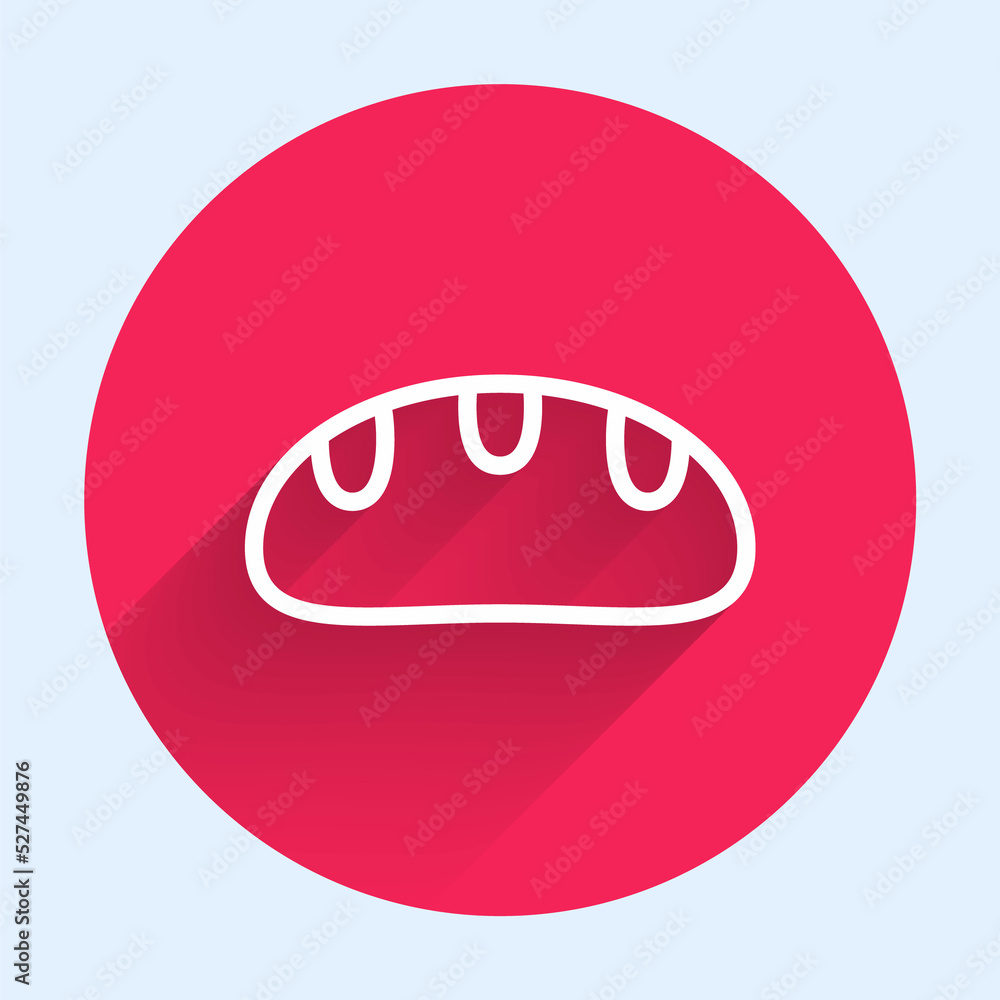 Poster white line bread loaf icon isolated with long shadow. red circle button. vector