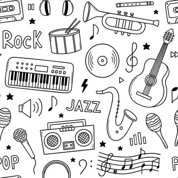 Hand drawn seamless pattern of music doodle. Musical instruments, notes, headphones in sketch style. Vector illustration