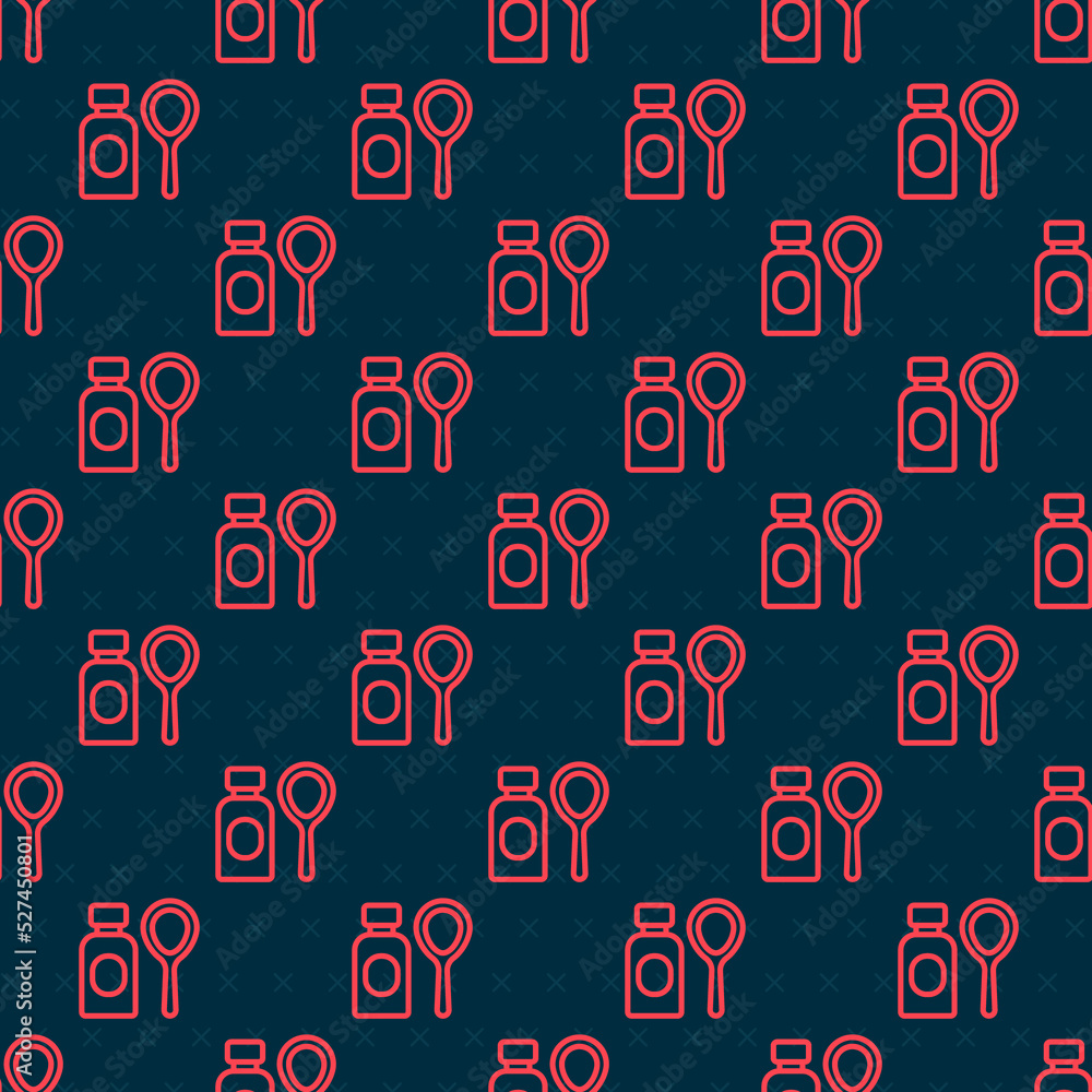 Poster red line soap bubbles bottle icon isolated seamless pattern on black background. blowing bubbles soa