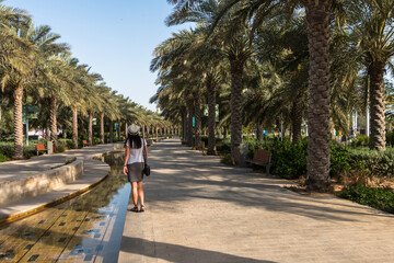 A young caucasian girl tourist in a white hat walks in a city park with exotic palm trees in Abu Dhabi. 