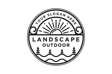 Landscape outdoor logo design sunrise pine tree icon symbol rounded shape typography line style