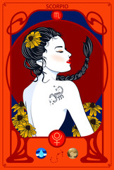 The woman who represents the Horoscope Sign Illustration in Art Nouveau style with sign of zodiac. Vector Illustration of Scorpios Zodiac Sign.