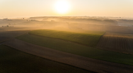Bright yellow sunrise and glare over green and gold farm fields. Thick fog and tree silhouettes in the background. Landscape of Roztocze Poland. Horizontal shot. High quality photo