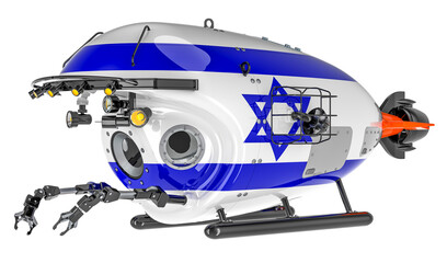 Bathyscaphe with Israeli flag. Marine geology, oceanography in Israel, 3D rendering