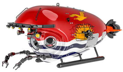 Bathyscaphe with Kiribatian flag. Marine geology, oceanography in Kiribati, 3D rendering