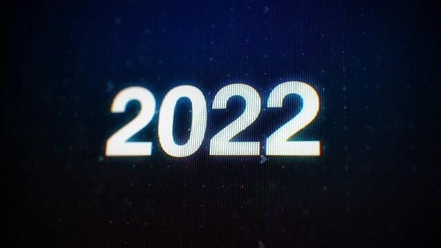 2022 year changing to 2023. White glowing digits on LCD computer screen with shallow focus. 3D render animation. Happy New Year 2023 Countdown. Flip calendar turning through the years