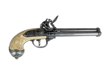 A replica of a 17th century triple barrel flintlock pistol with an engraved ivory handle